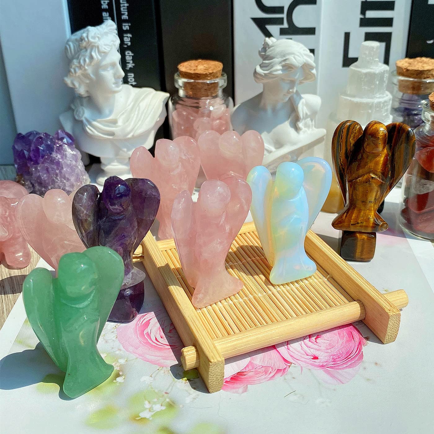 QINJIEJIE 3PCS Crystals Guardian Angel Stones Decor Amethyst Rose Quartz Opal Polished Gemstone Statue Cute Carved Gems Room Office Desk Angel Home Reiki Pocket Peace Angel Gifts for Women