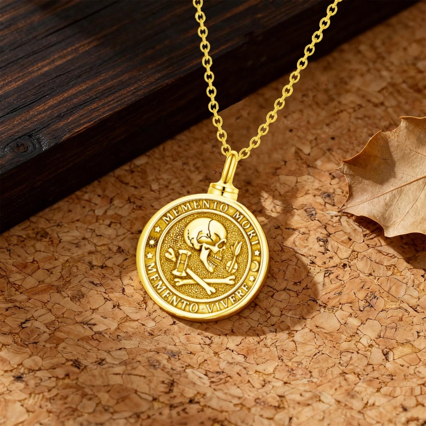 POIUY Memento Mori Gold Urn Necklace for Ashes Gothic Skull Cremation Pendant Tree of Life Memorial Keepsake Jewelry Stoicism Mori Gift for Men Women 22+2 Inch Chain