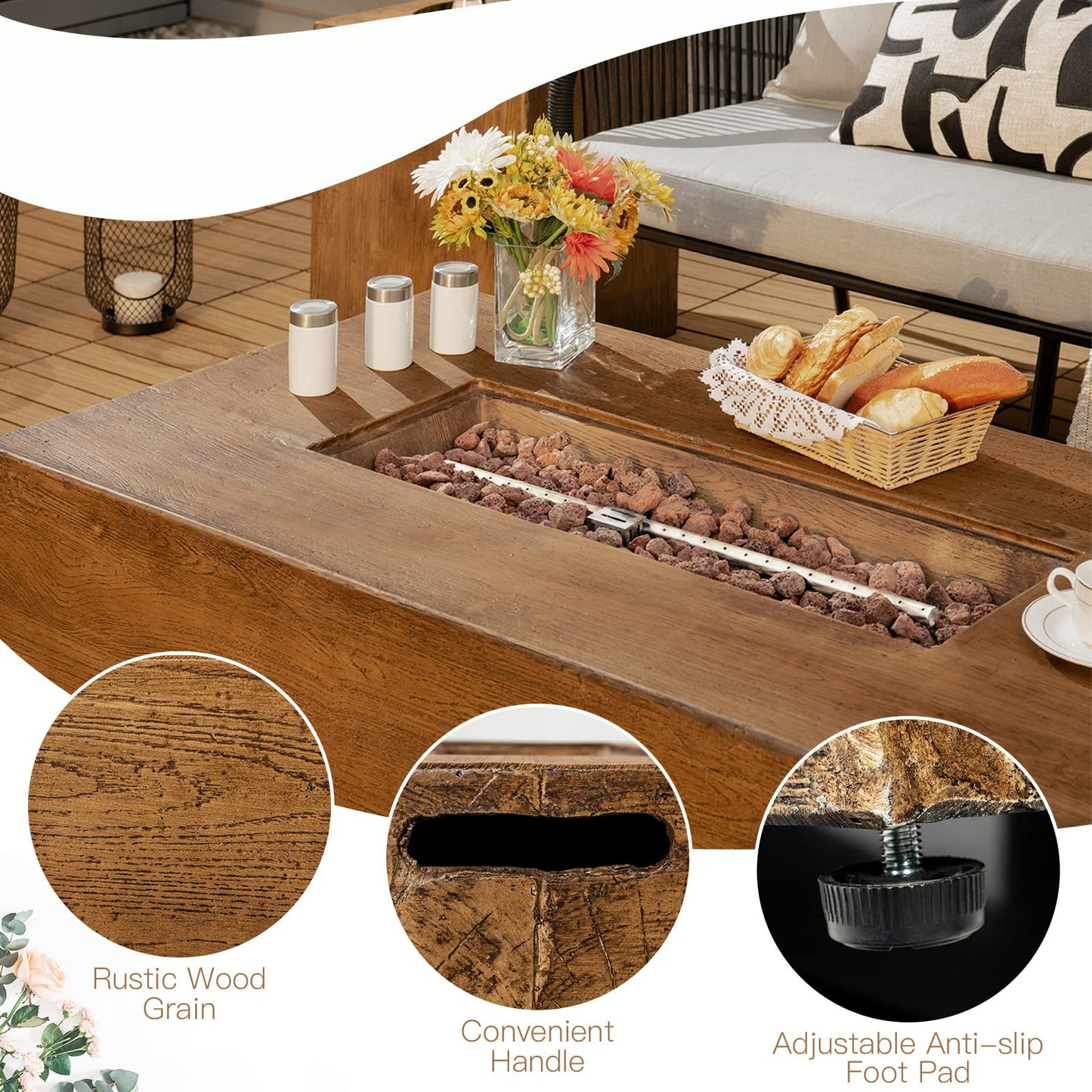 COSTWAY 48 Inch Gas Fire Pit Table, 50,000 BTU Outdoor Propane Firepit with Lava Rocks and Waterproof Cover, Rectangular Fire Table, Brown