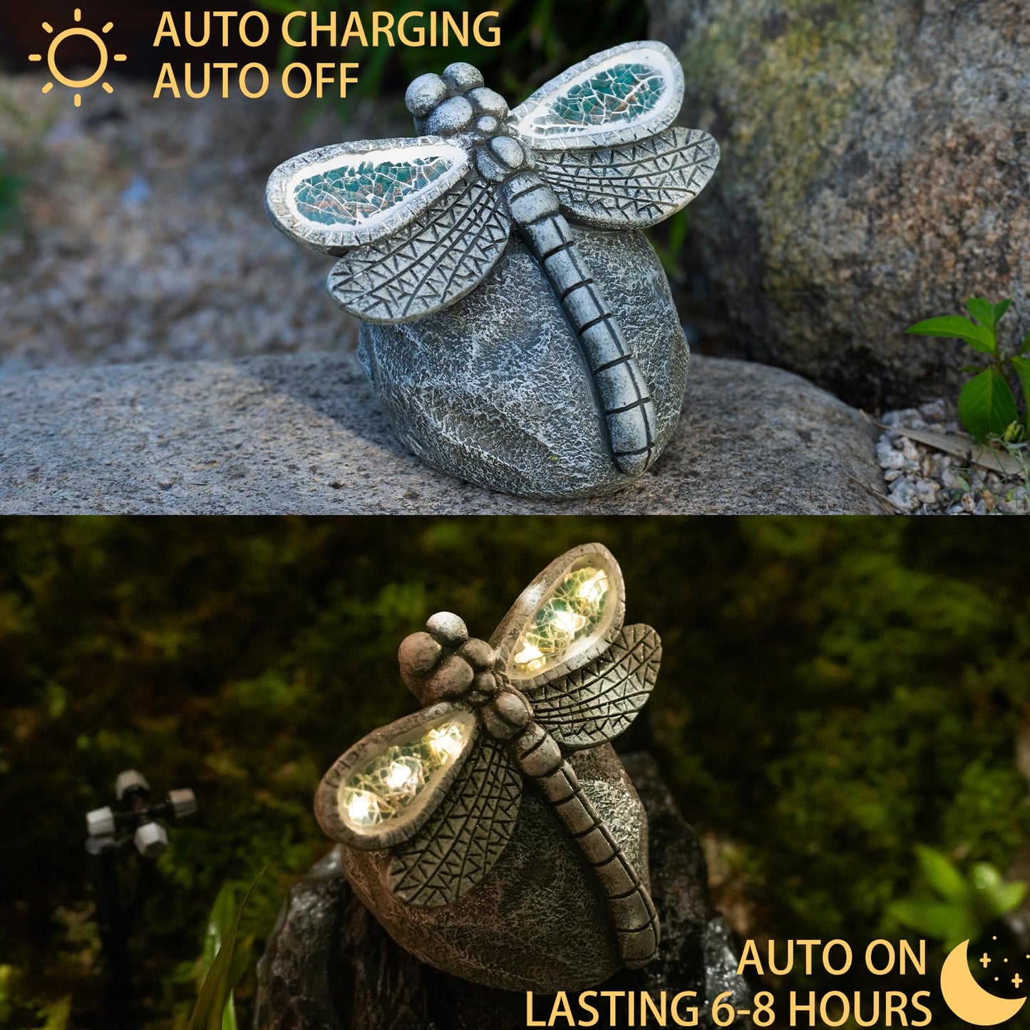 Rezpuao Garden Statue Dragonfly,Solar Dragonfly Decor for Outdoor,Resin Dragonflies Figurine with Solar Light for Patio,Balcony,Yard,Lawn Ornament,Perfect Garden Gift