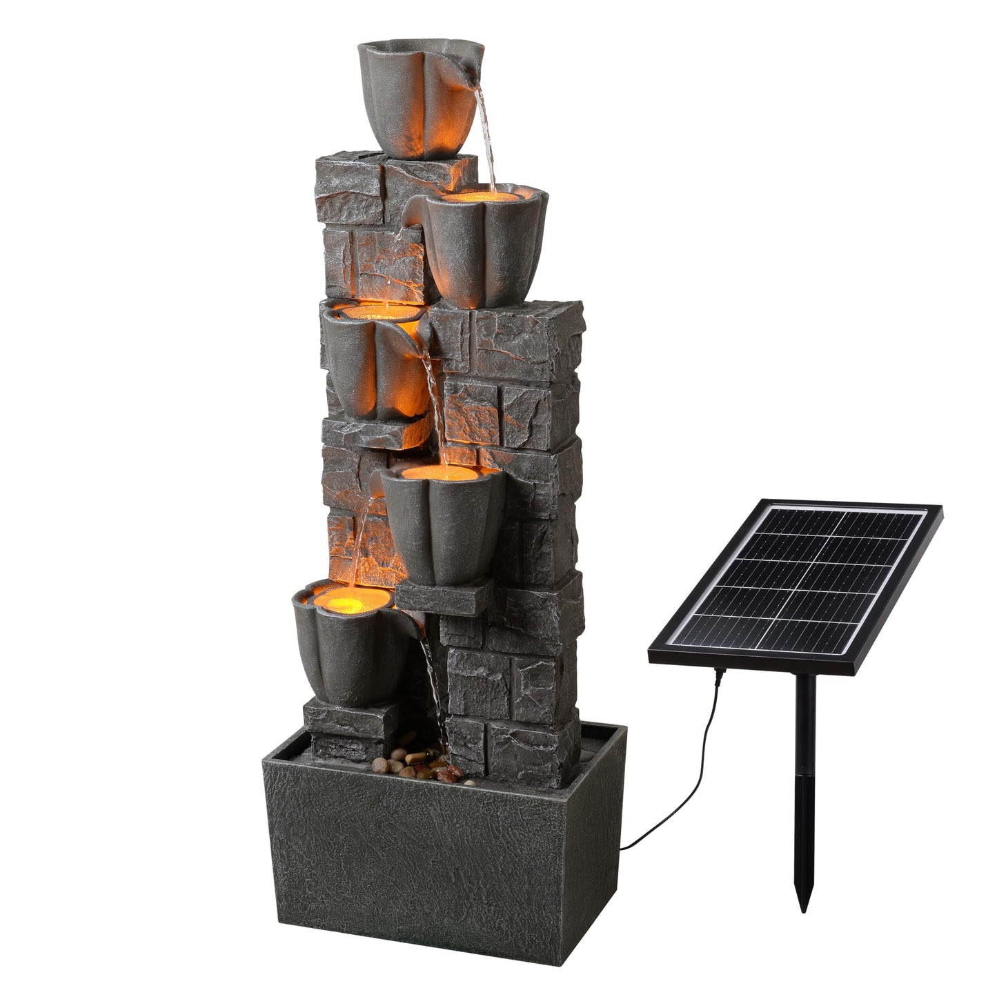Warm Garden Solar Powered Water Fountain-36.2in.Tall Floor-Standing Outdoor Fountains with Tulip Design - Natural 4 Tiers Waterfall Water Feature for Outside Garden,Backyard,Lawn Decor,Grey