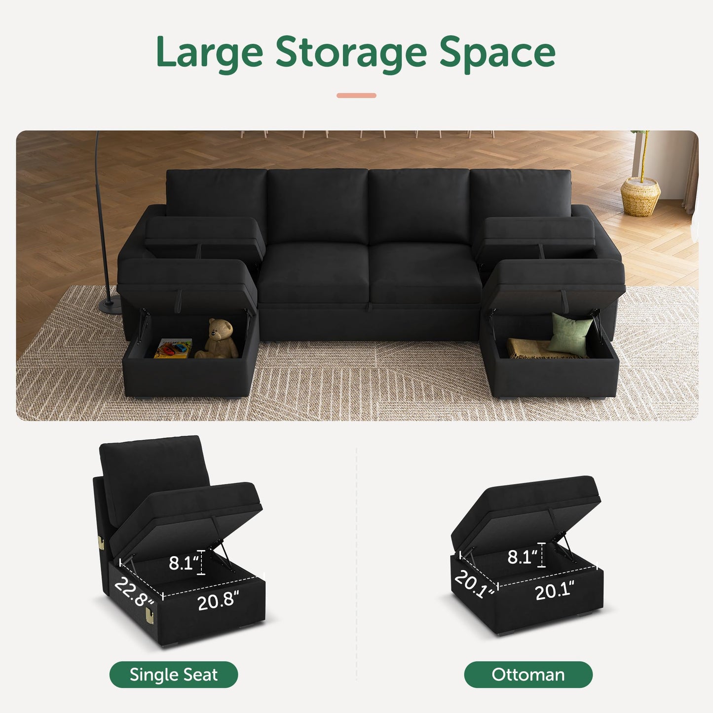 HONBAY Modular Sectional Sleeper Sofa Bed, Velvet Sectional Couch with Pull Out Bed U Shaped Modular Couch with Storage Ottoman for Living Room, Black