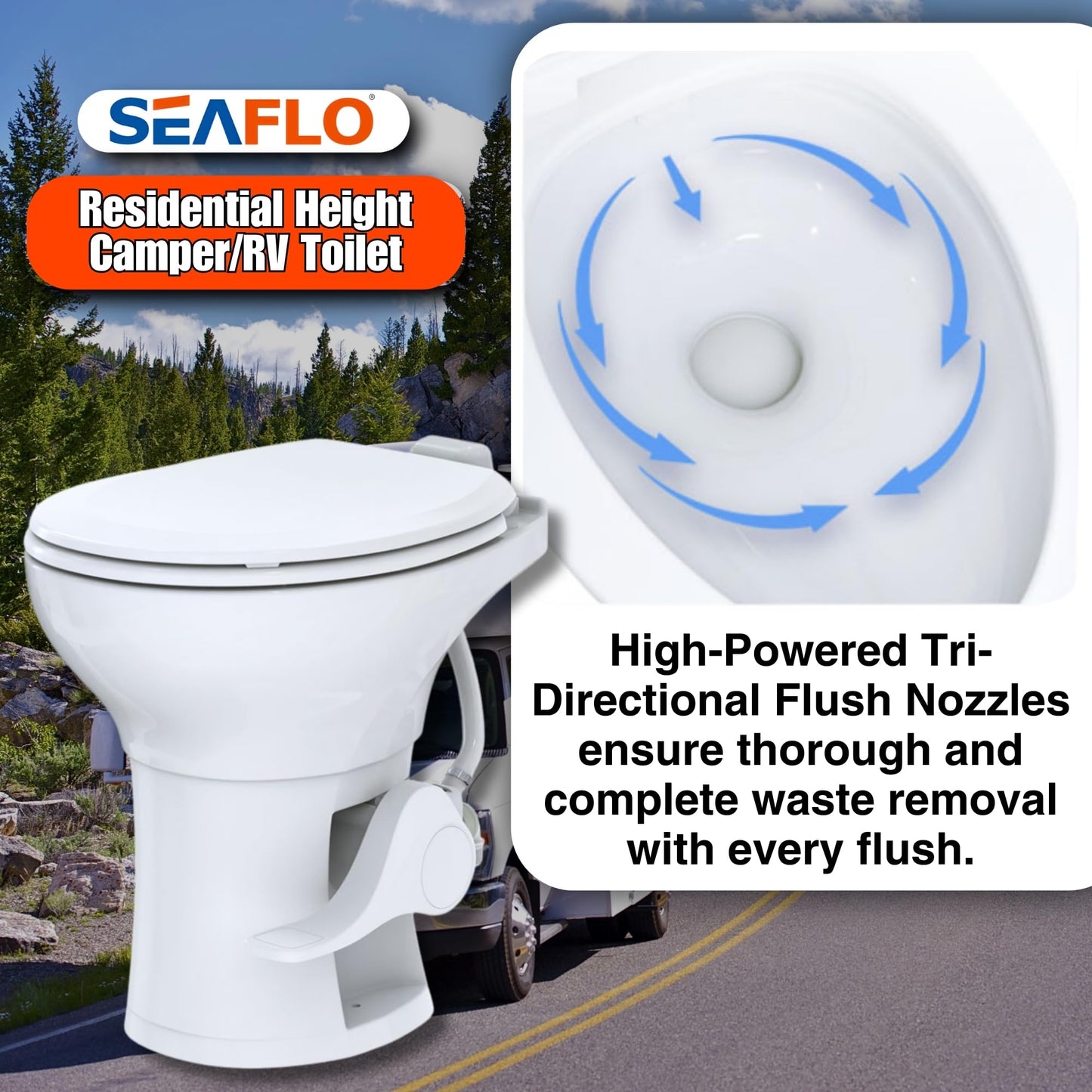 SEAFLO Porcelain RV Toilet with Elongated Bowl, 19” Residential Height, Gravity Flush, Foot Pedal Flush, Soft Close Seat, Easy Install, Camper Toilet, 4-Year Warranty, SFRTCH-02-01