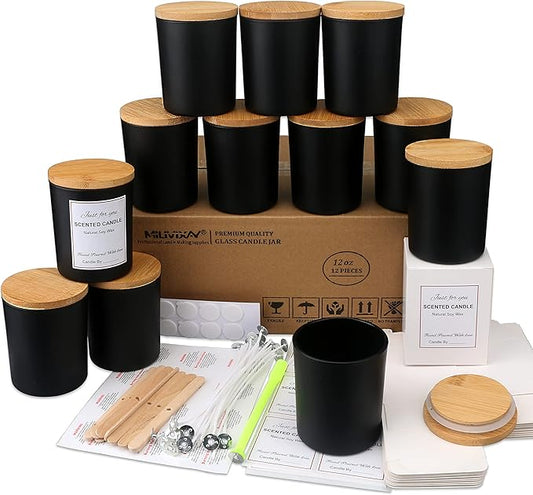 MILIVIXAY 12 Pack 12 OZ Black Matte Glass Candle Jars with Lids and Candle Making Kits - Bulk Empty Candle Jars for Making Candles - Spice, Powder Containers.