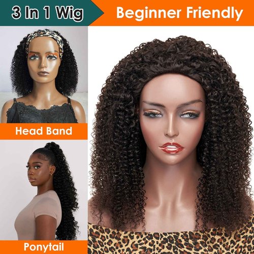Second Generation Kinky Curly Half Wig Human Hair 210 Density 3 In 1 Seamless Flip Half Wigs Glueless Human Hair Beginner Friendly 18 Inch KinkyCurly Wig with Full Drawstring Headband Wig for Women