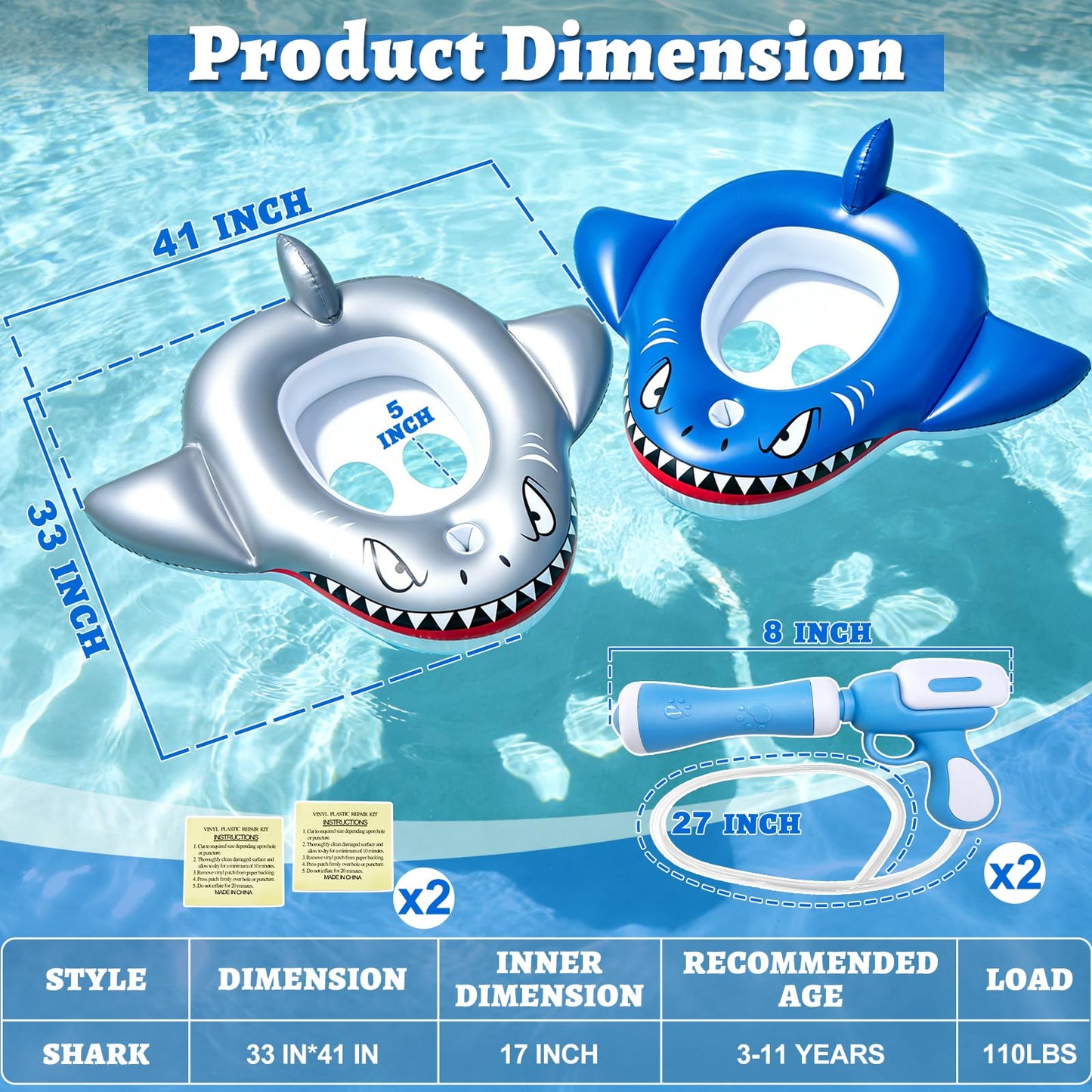 2 Pack Inflatable Shark Pool Floats Kids 3-11 Years, Kids Floaties Swimming Pool Toys with 2 Water Squirt Guns Boys Girls Party Float Ride-on Toddler Floatie with Safety Seat Summer Outdoor Water Game