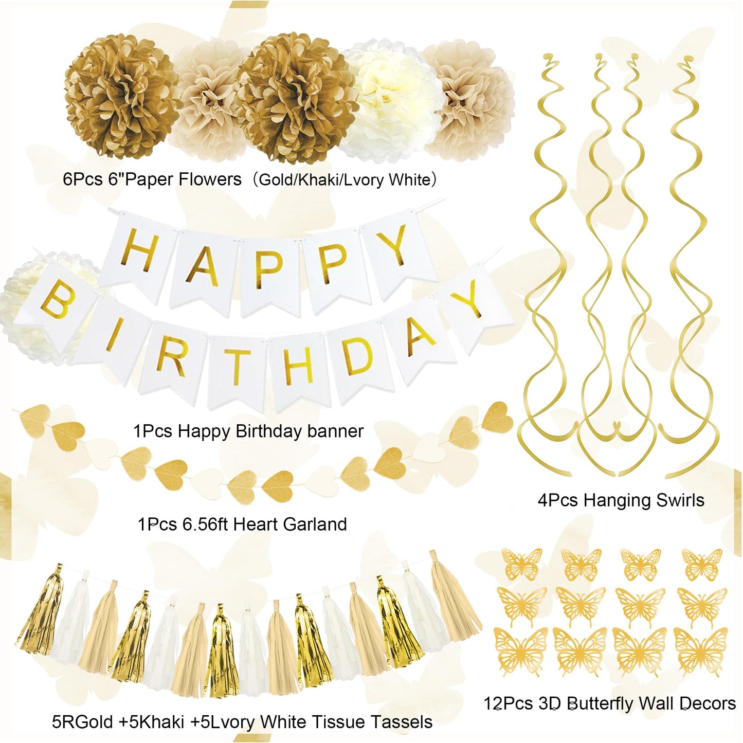 White and Gold Birthday Party Decorations Kit for Women Girls, Gold White Sand Confetti Foil Balloons Happy Birthday Banner Fringe Curtains Butterfly Garland Baptism Communion Supplies