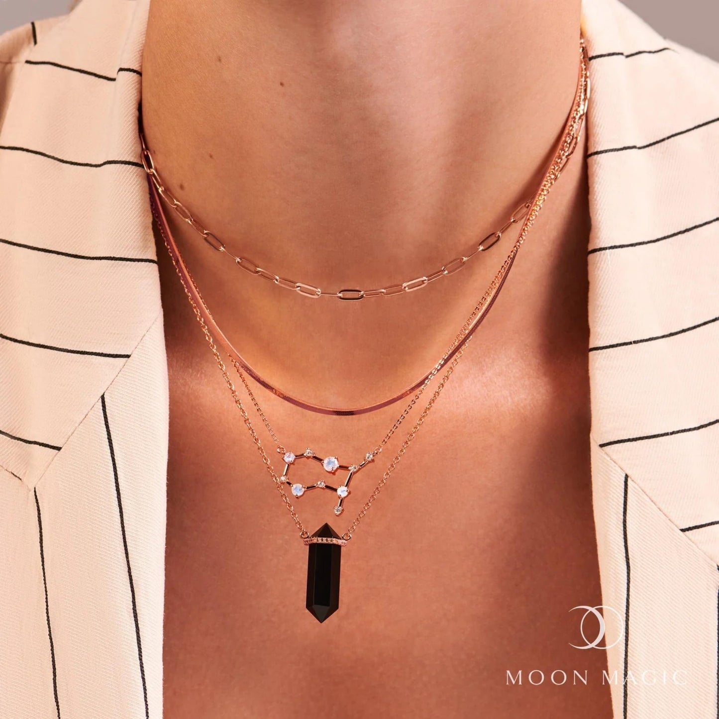 Moon Magic Moonstone Necklace - Gemini Zodiac Constellation / 925 Sterling Silver - 18k Rose Gold - Yellow Gold Rainbow Moonstone Necklaces for Women/Authentic Rainbow Crystal Jewelry