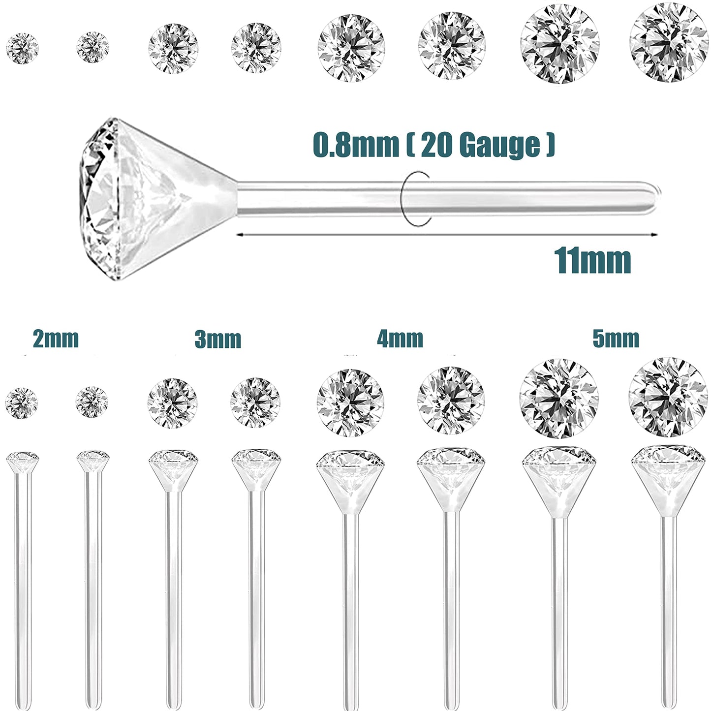 OwlkOrmy 8 Pairs Anti Allergy Plastic Earrings for Sensitive Ears & Include 8 Pairs Silicone Soft earring backs, Birthstone Cubic Zirconia Stud Earrings Kit 2mm 3mm 4mm 5mm in one Set (Clear)