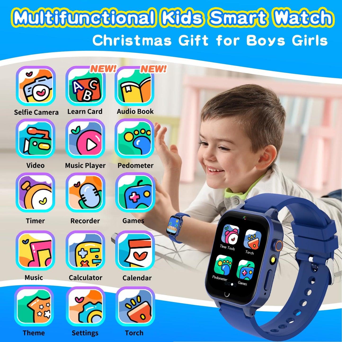 Cosjoype Upgrade Kids Smart Watch for Kids with 39 Puzzle Games HD Camera Video MP3 Player Habit Tracking Pedometer Flashlight 12/24 hr Kid Watches Gift for 4-12 Year Old Boys Toys for Kid