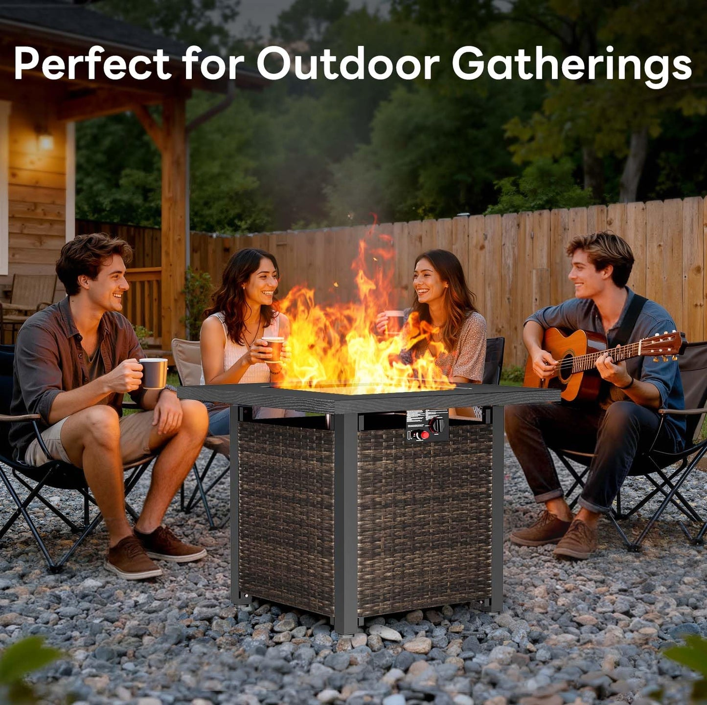 ZAFRO 28” Outdoor Fire Pit Table 50,000 BTU, 2-in-1 Rattan Propane Firepit Table with Glass Stones & Lid, Square Fire Table for Patio, Backyard, Deck, or Garden, Black