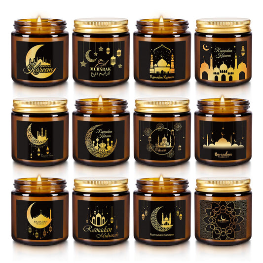 12pack Ramadan Scented Candles 3.5oz Soy Wax，Muslim Islamic Party Favors Gifts Glass Jar Candles for Home Happy Eid Festival Decor(Brown,Pattern)