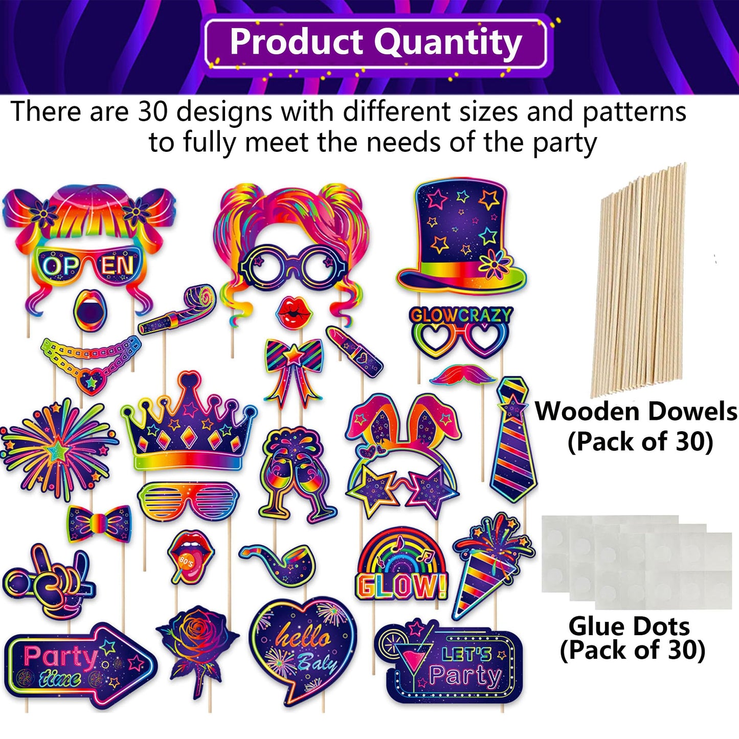 LMSHOWOWO 30PCS Neon Photo Booth Props, Glow Inflatable Photo Booth Frame, Funny Selfie Props for Neon Party Accessories Let's Glow in The Dark Birthday Party Wedding Carnival