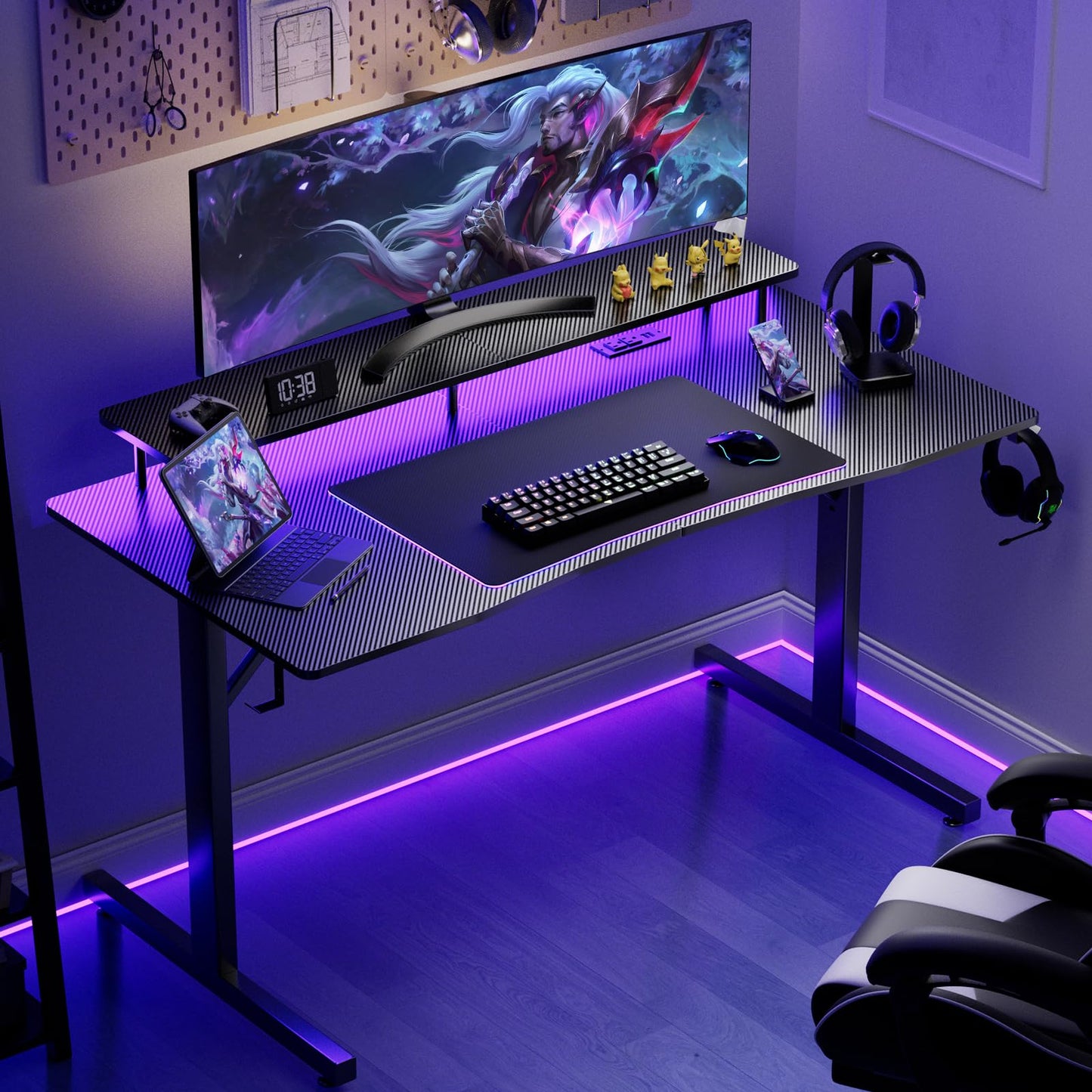 GTRACING Gaming Desk with LED Lights, 55 Inch Large Computer Gamer Desk with Monitor Stand & Power Outlet, Ergonomic Carbon Fiber Surface Gaming Table with Mouse Pad for Home Office, Carbon Black