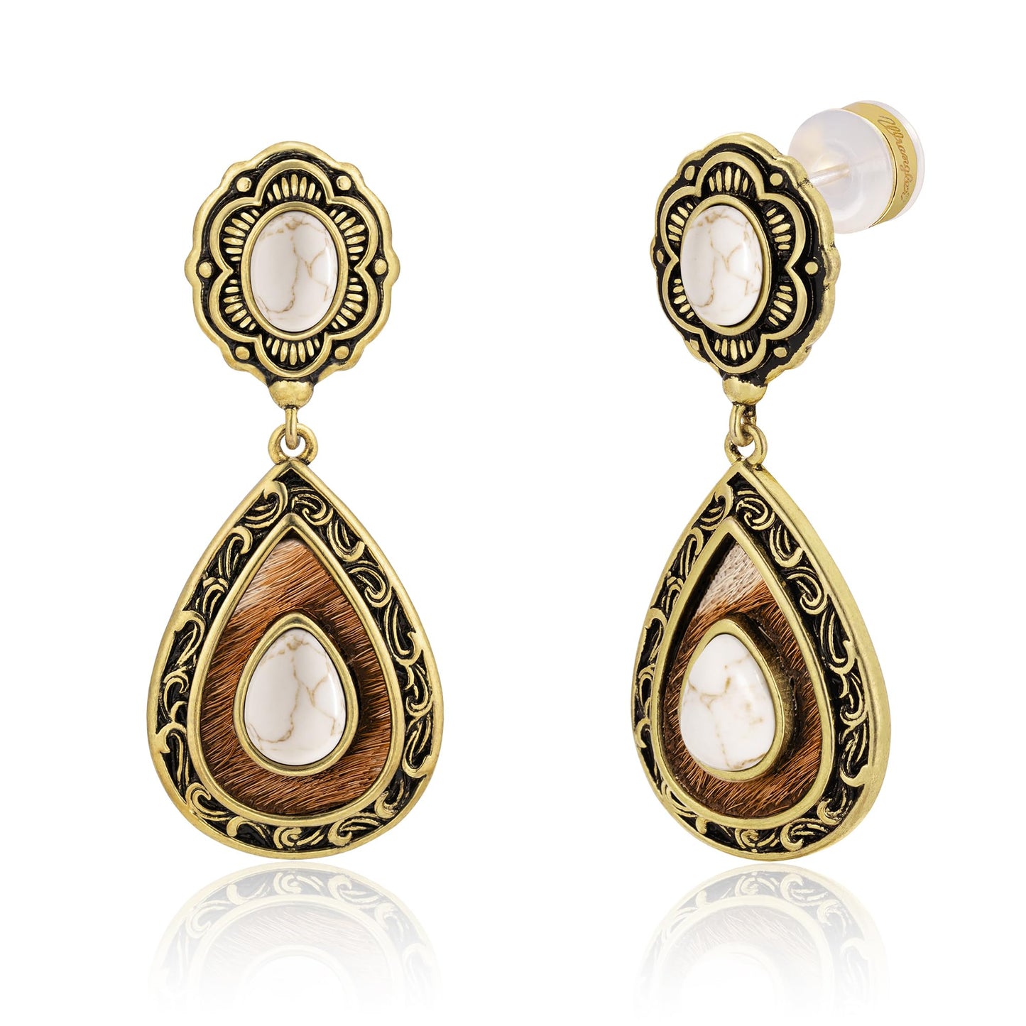 Wrangler Western TearDrop Dangle Earrings for Women Country Statement Genuine Horsehair Turquoise Vintage Cowgirl Cowboy Jewelry (Gold-White)