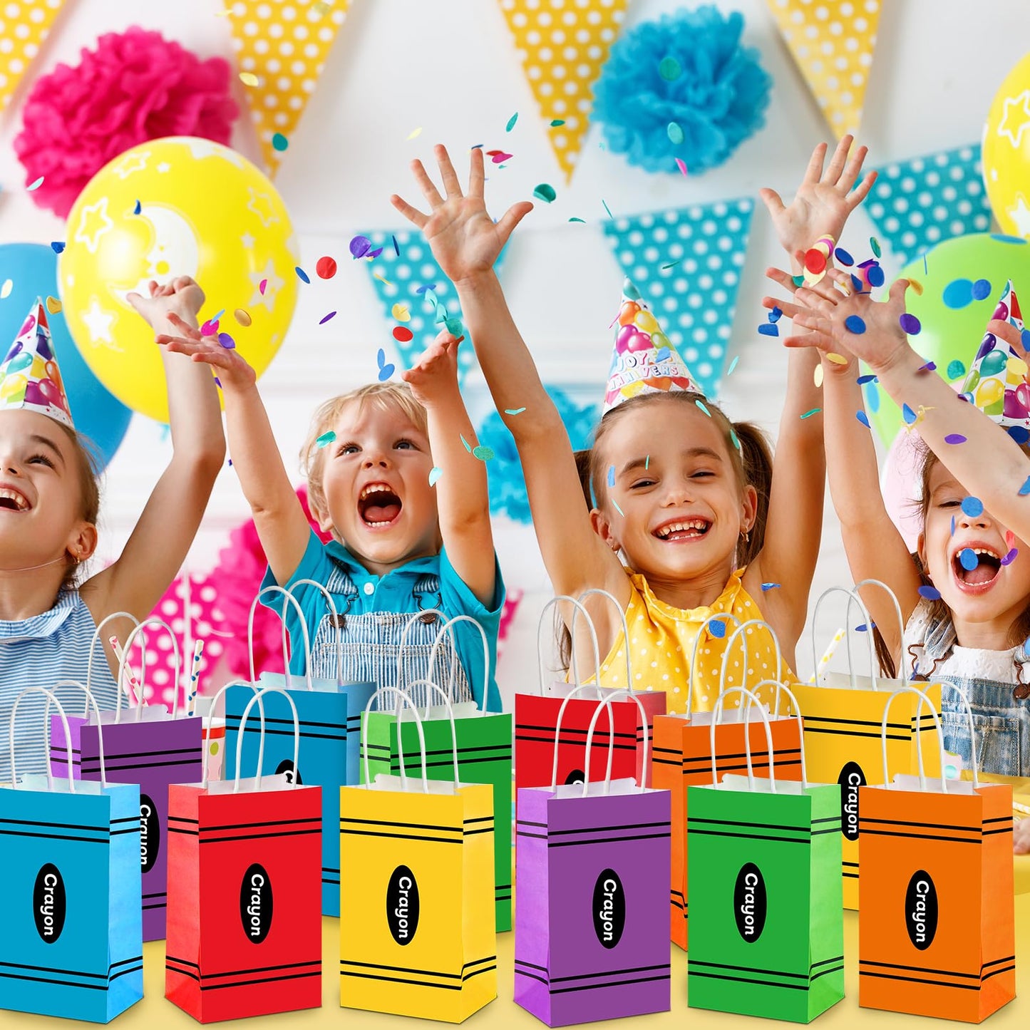 24Pcs Welcome Back to School Crayon Gift Bags for Teacher First Day of School Candy Boxes with Handle Crayon Shaped Goodie Bag for Kindergarten Graduation Birthday Baby Shower Party Supplies