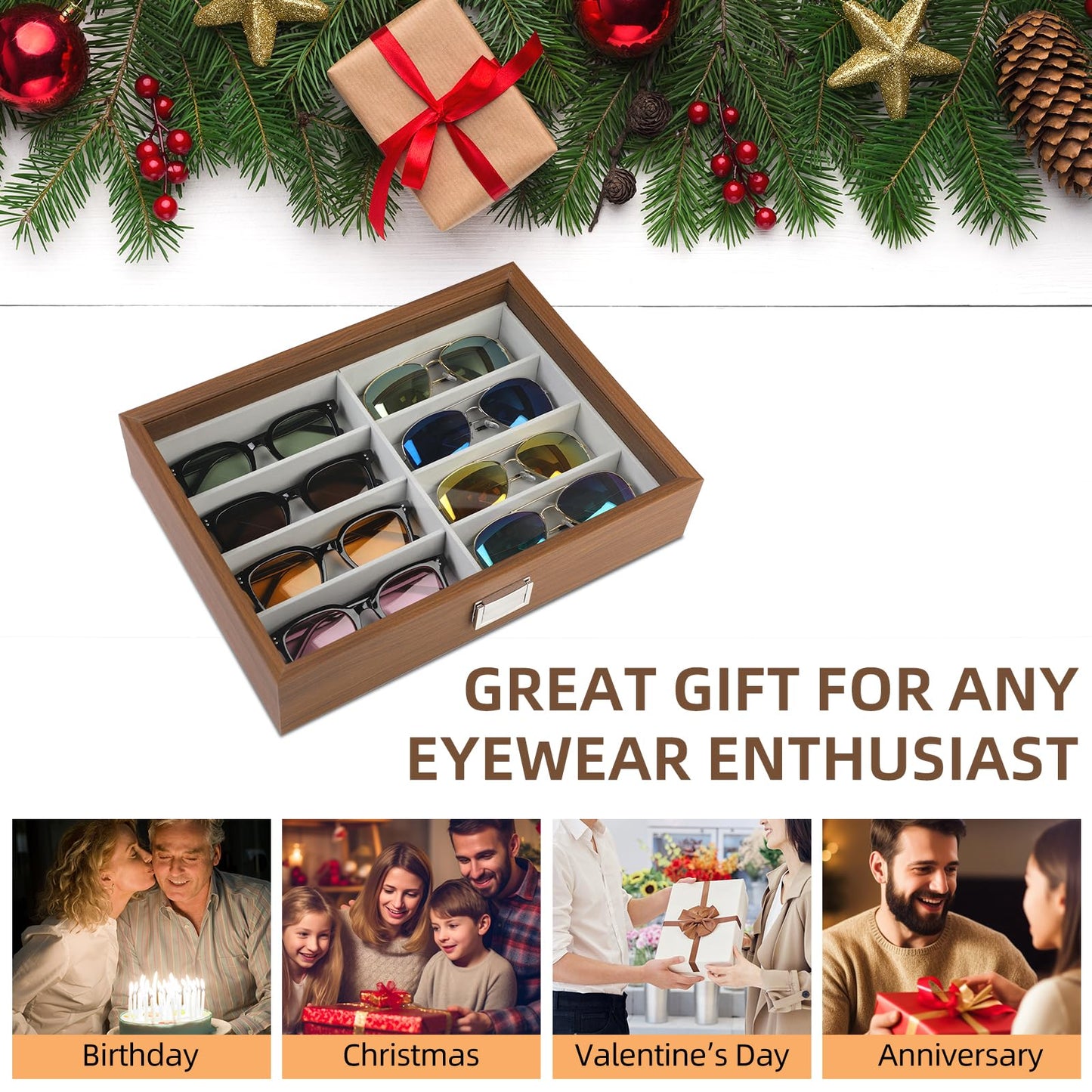 Baojulong Wooden Sunglasses Organizer Box, Eyewear Display Eyeglass Case for Men Women, Glasses Storage Box Sunglass Holder Gifts (8 Slots)