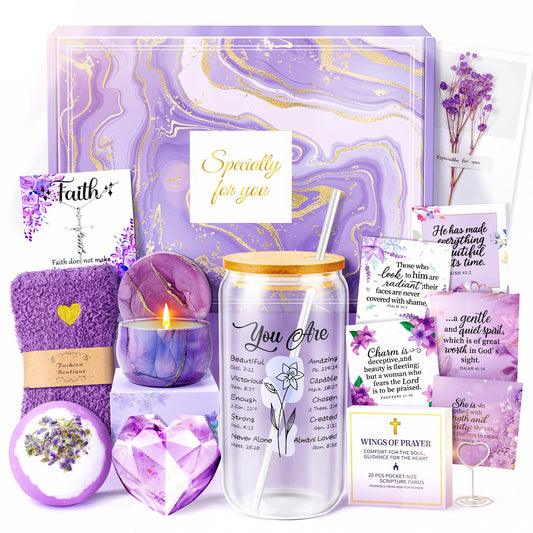 12PCS Christian Gifts For Women Faith - Inspirational Religious Birthday Gifts, Purple Spiritual Baptism Baskets For Mom, Grandma, Wife, Mothers, Friend, Sister,Catholic&Encouragement Birthday Gift