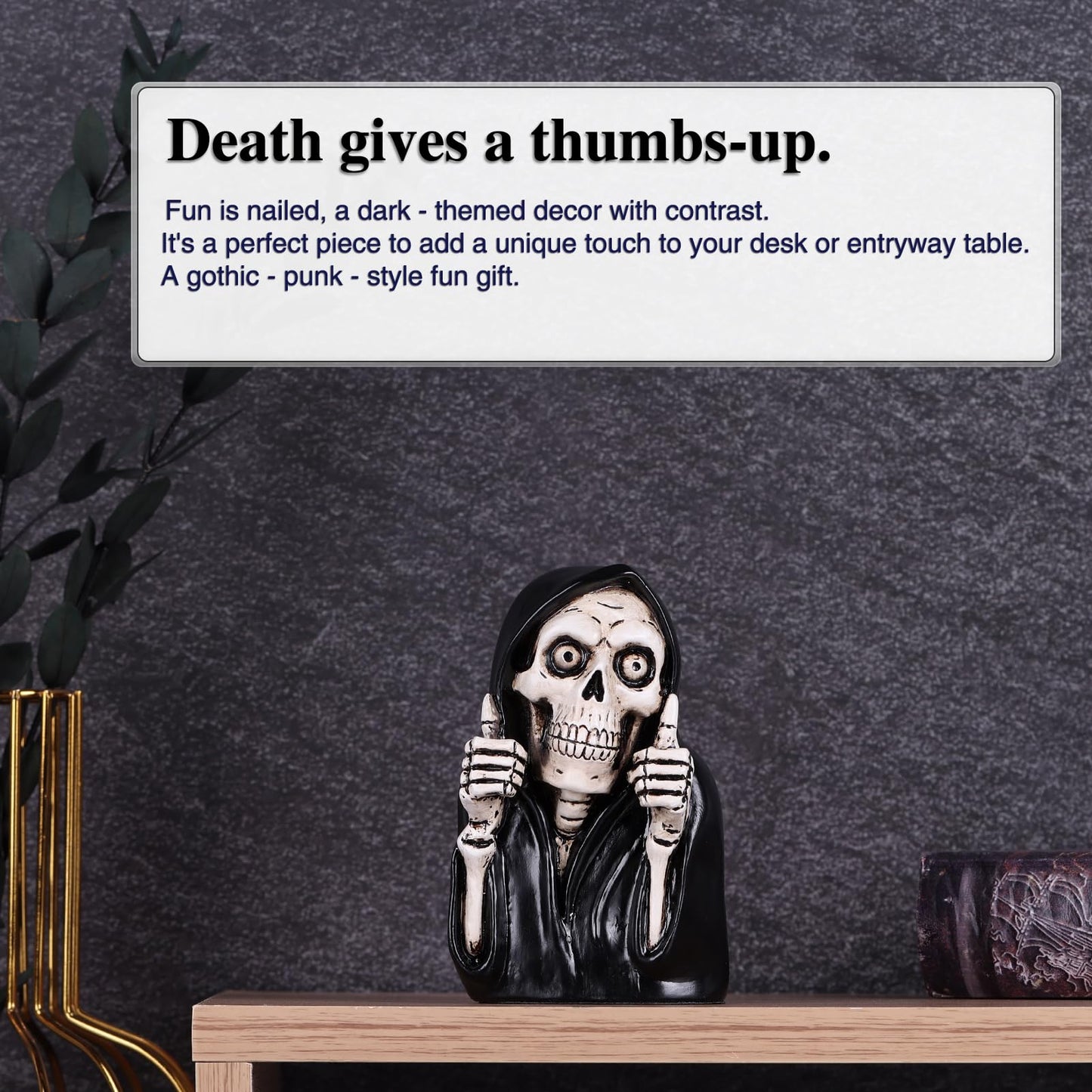 Funny Skeleton Figurine- 3.9inch Gothic Grim Reaper Skeleton Knick Knacks,Thumbs Up Mini Skull Figurines,Resin Punk Halloween Home Decor Statue,Retro Death Figurine Dark Humor Gifts for Women