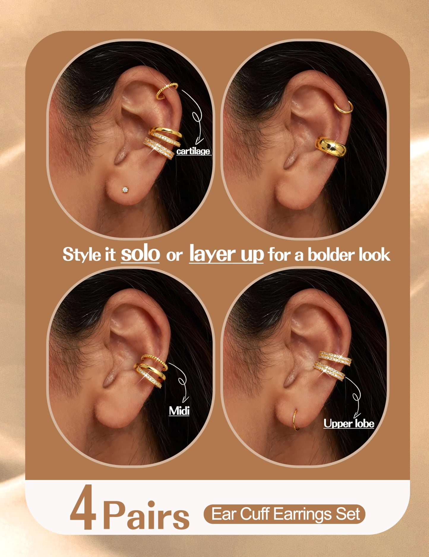 4 Pairs Ear Cuffs Non Piercing - 14K Gold Plated Ear Cuffs Earrings for Women Trendy Ear Cuff for Non Pierced Ears Clip On Carrtilage Earring Lightweight Adjustable Fake Earrings Set Chunky