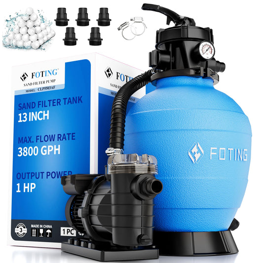 FOTING 13in Sand Filter Pump for Above Ground Pool, 1HP 3800GPH Pool Sand Filter with Timer, 7-Way Multi-Port Valve, Pool Pumps Above Ground for Pools Up to 13000Gal