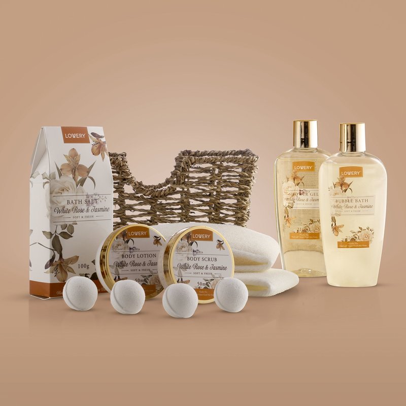 Home Spa Gift Basket - White Rose & Jasmine - Luxurious 11pc Bath & Body Set for Men & Women, Contains Shower Gel, Bubble Bath, Body Lotion, Scrub, Bath Salt, 4 Bath Bombs, Loofah & Basket