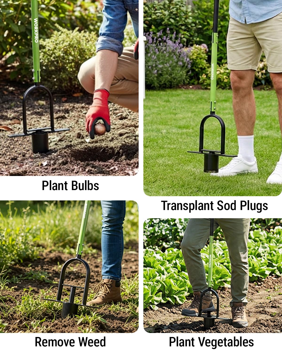 WORKPRO 36" Bulb Planter Tool, Long Handle Sod Plugger, Grass Plugger Tool with Serrated Base, Dual Pedals, Garden Tool for Planting, Transplanting, Weeding, Digging Holes for Tulips, Daffodils
