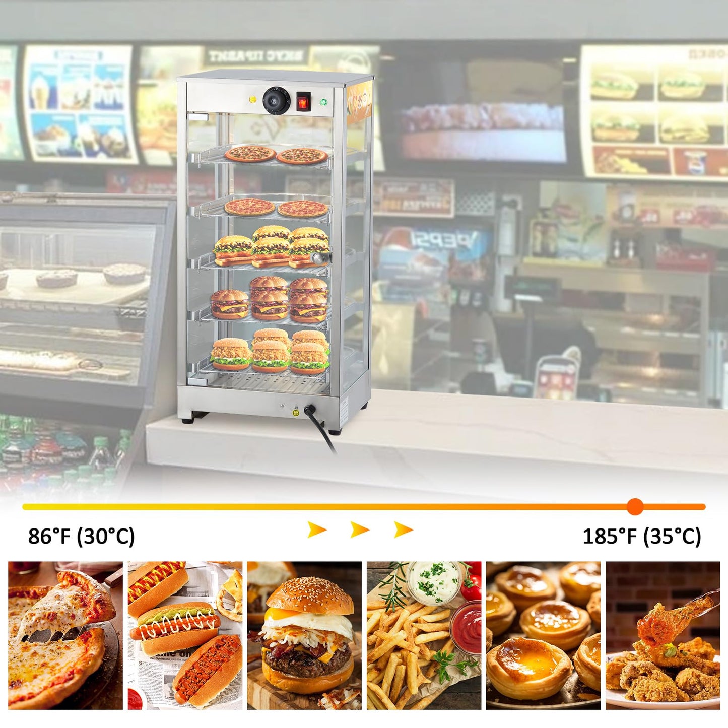 GarveeHome 5 Tiers Commercial Food Warmer Display, 14 in 800W Electric Countertop Pizza Warmer with 3 Color Lighting, Temp Knob, Removable Shelves, Pastry WarmerCase for Buffet Restaurant
