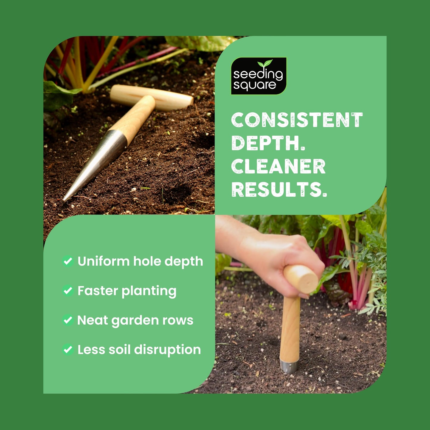 Seeding Square Pokey Planter Stainless Steel & Wooden Handle Garden Tool for Planting Garlic, Onions, Tulips, Daffodils, Lilies, & Transplanting Seedlings