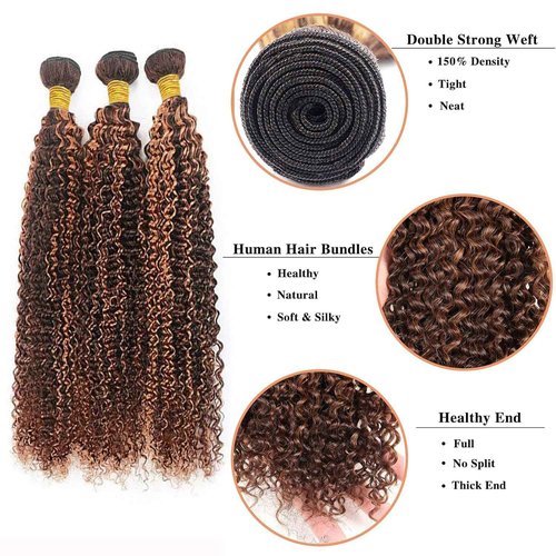 Giginger Jerry Curly Human Hair Bundles 20 22 24 Inch Brazilian Chocolate Brown Highlight P4/30 Jerry Curly Bundles Human Hair 100% Unprocessed Raw Quick Weave Hair for Black Women