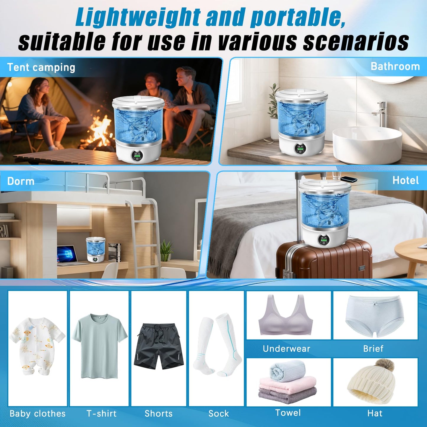 Portable Mini Washing Machine,Upgrade Blue Light,3L Capacity Underwear Washing Machine,Deeply Clean Underwear,Baby Clothing & Small Items of Clothing,Mini Washer Suitable for Family,Hotel,Camping