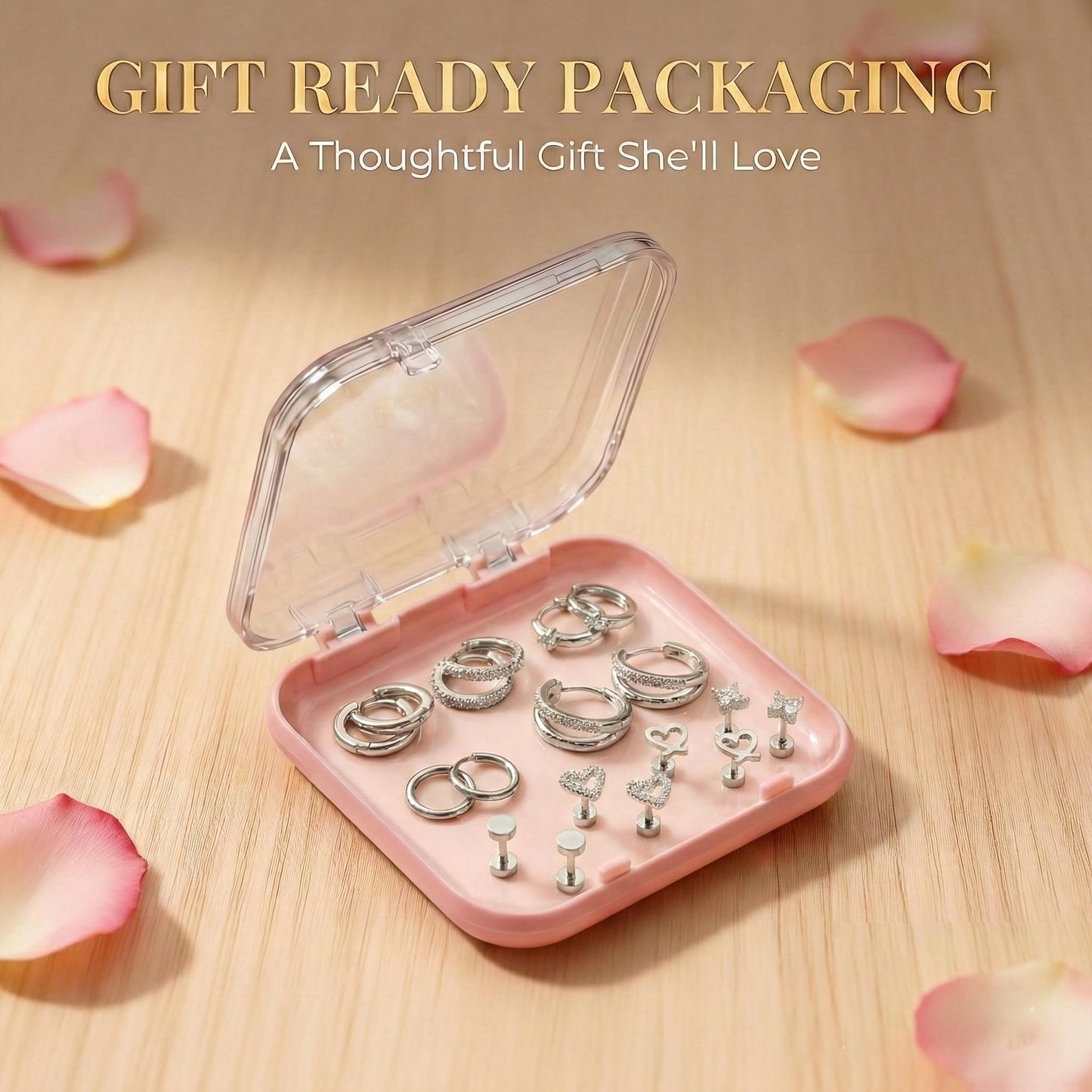 Nunpag 9 Pairs Hypoallergenic Trendy Silver Flat Back Earrings for Women CZ Stones Studs Earring Circle Heart Clover Hoop Earrings Stainless Steel Jewelry Gift for Sensitive Ears