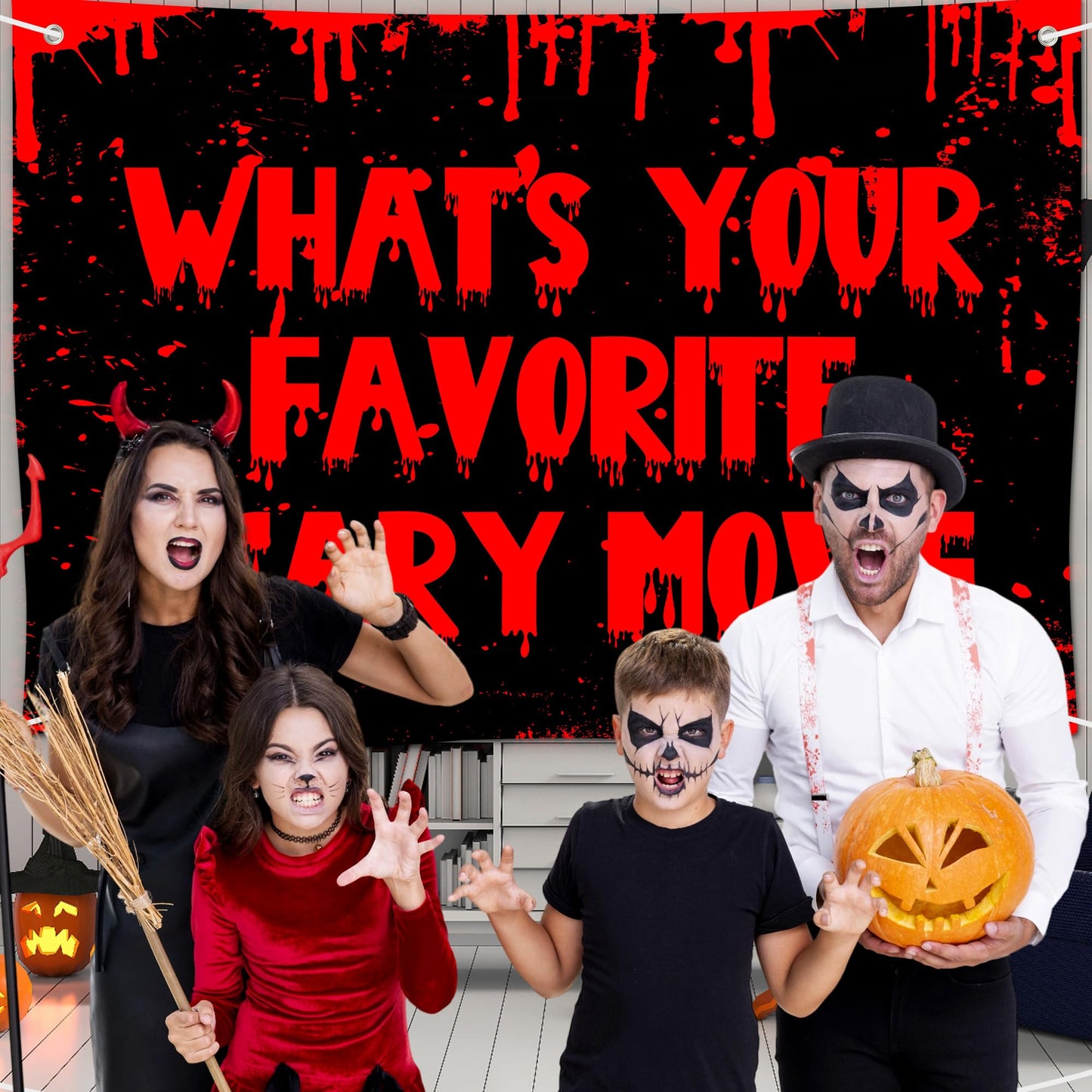 Scary Movie Backdrop Banner What's Your Favorite Scary Movie Horror Theme Decor for Scary Party Movie Night Party Halloween Costume Party Decorations Supplies 72x43in