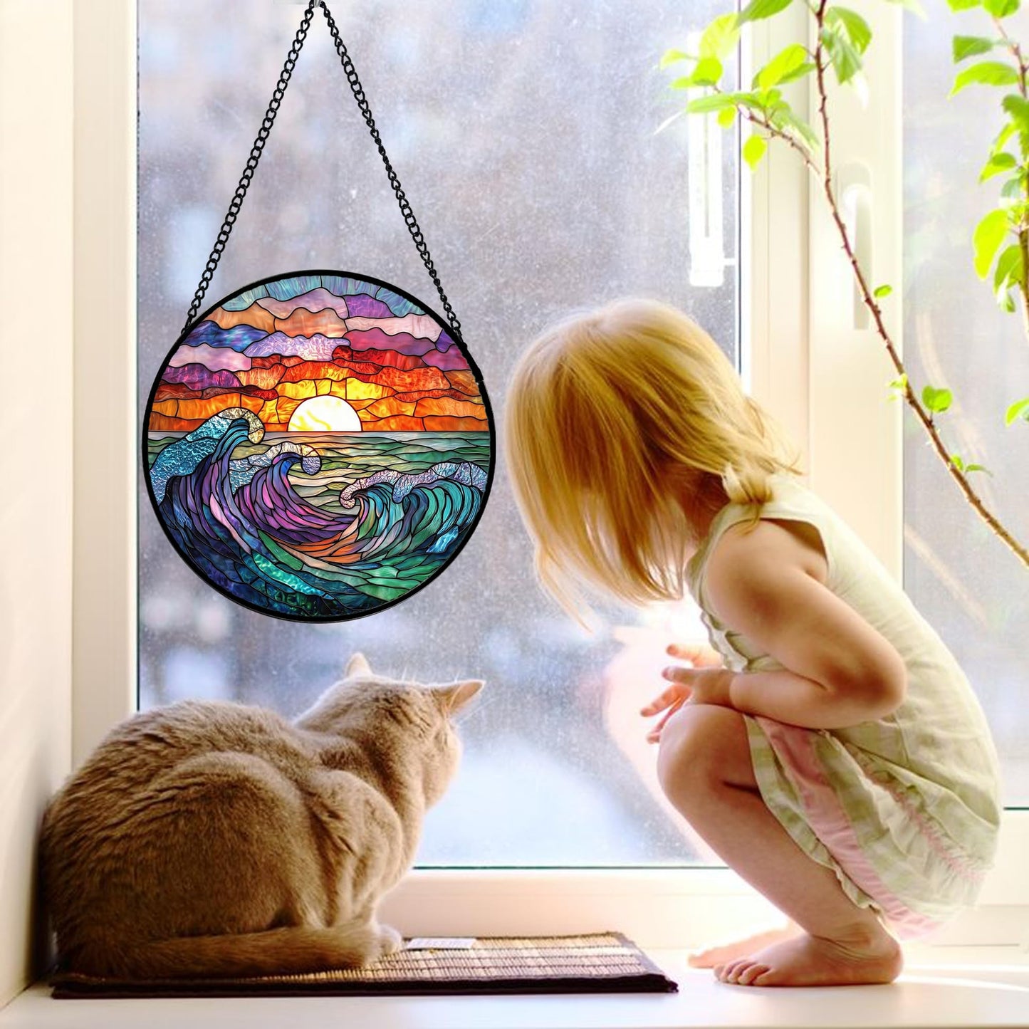 DASTOLL Stained Glass Window Hanging, Clouds and Sea Waves Suncatcher Diamond Glass Panel Hangings Scenery Sun Catchers Decor for Birthday for Women, Men, Wife, Aunt, and Mom 9.8 in