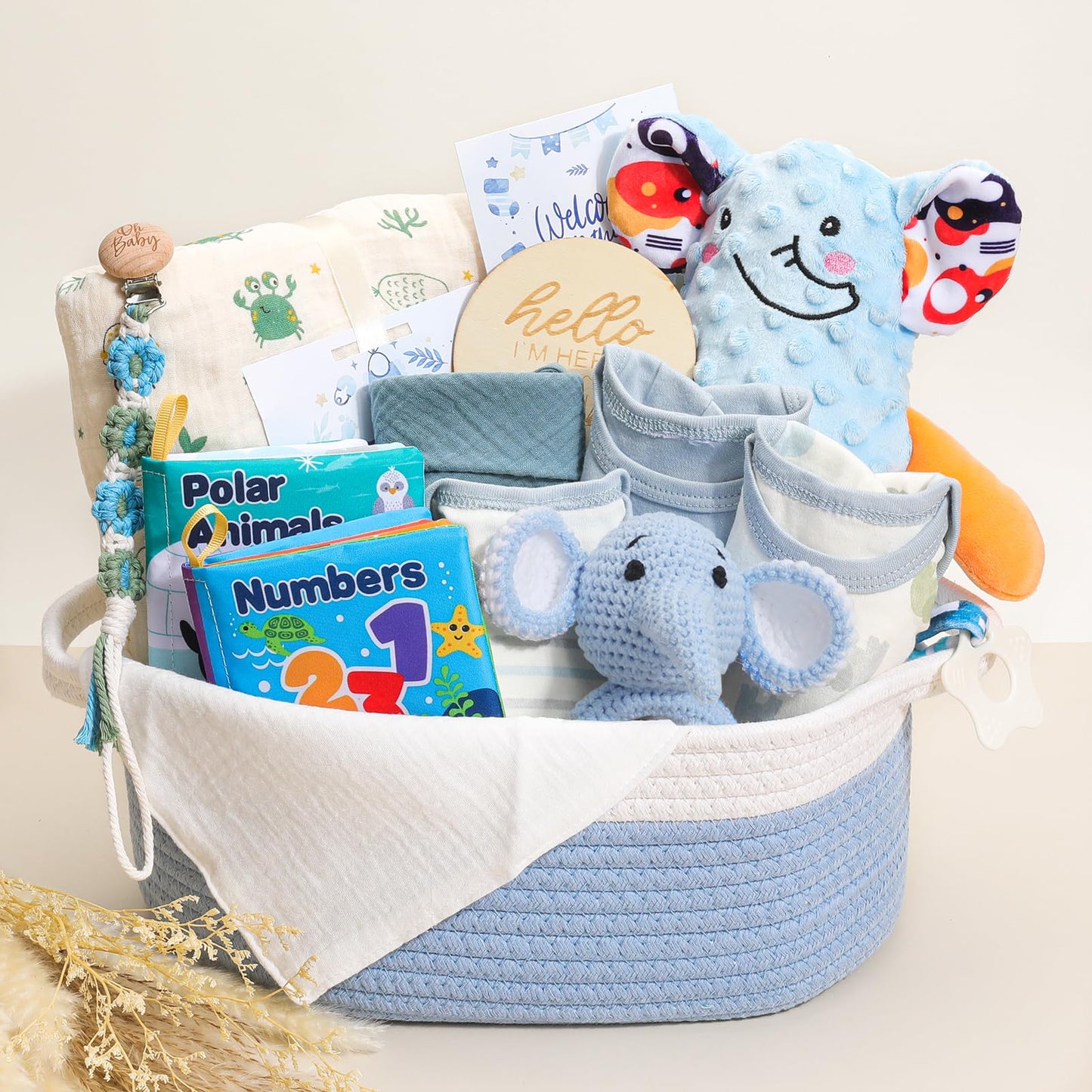 Baby Boy Gifts Basket,Newborn Baby Gifts for Boys with Blanket Onesies Toys,Baby Shower Gift for Baby Boy,Gender Reveal Gift