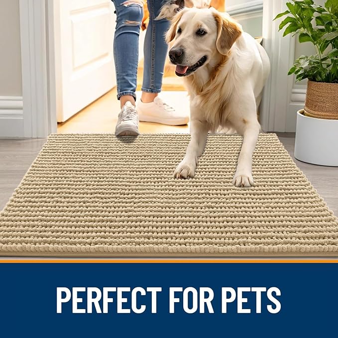 OLANLY Dog Door Mat for Muddy Paws 44x32, Ultra Absorbent Chenille Mud Doormat, Non-Slip Washable and Dirt Trapping Doormat for Indoor Entryway, Quick-Dry Indoor Pet Bed Mats for Dogs, Beige