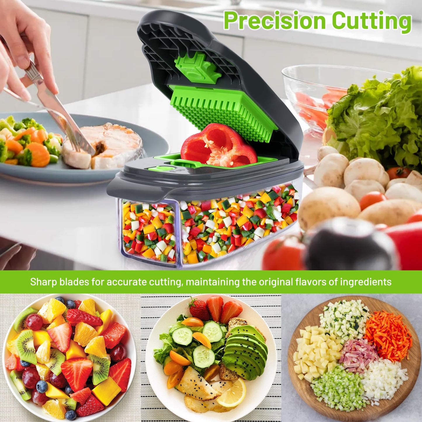 AISHUJIE Veggie Chopper 13 in1 Onion Chopper ·Vegetable Chopper with Container · Salad Chopper · Potato cutter – Gift for Home Cooks & Home Essentials (Grey & Green)