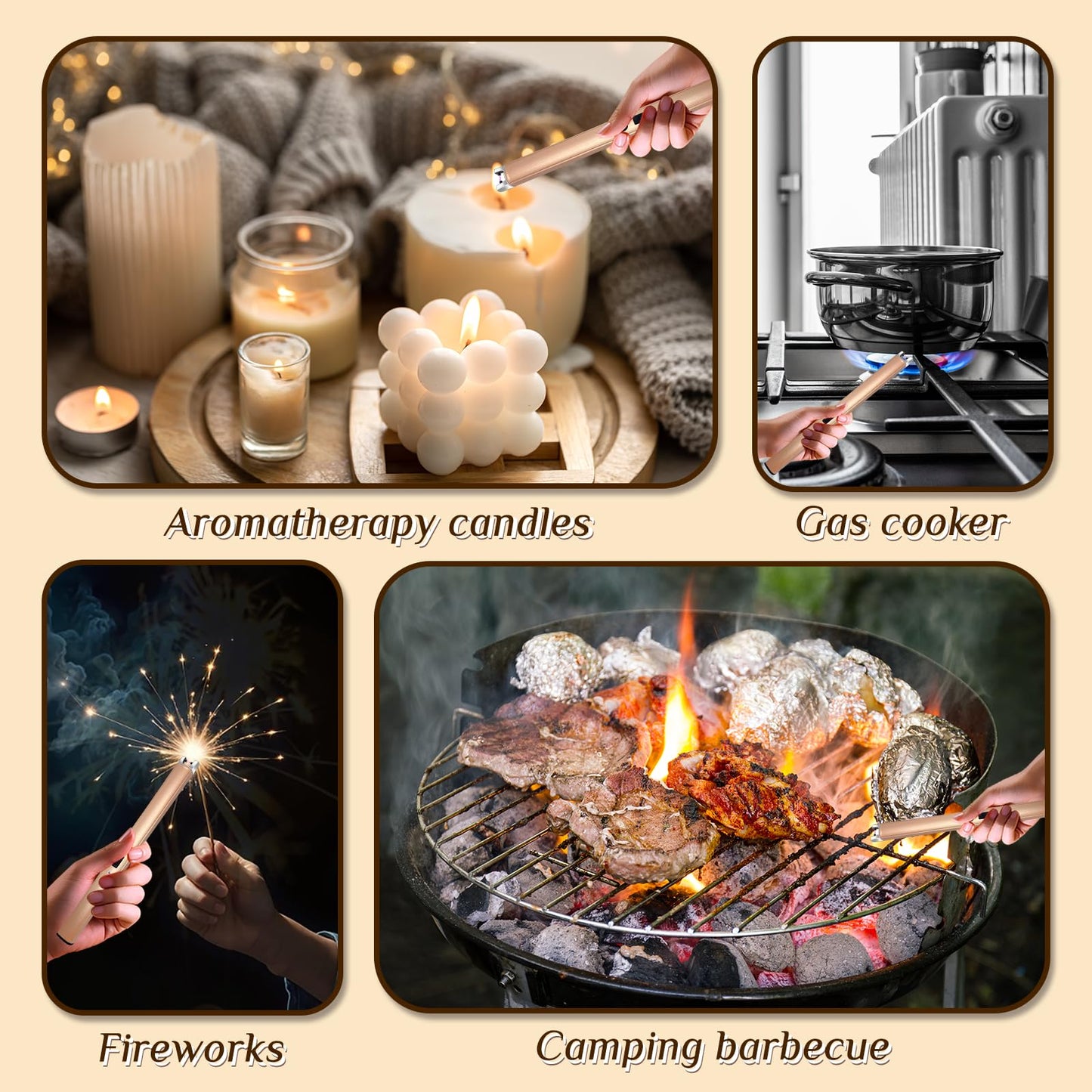 2 PCS Candle Lighter,Windproof Flameless Electric Lighter with LED Power Display ＆ Safety Switch, Upgraded Plasma USB Rechargeable Lighters for Birthday Camping BBQ (Champagne Gold)