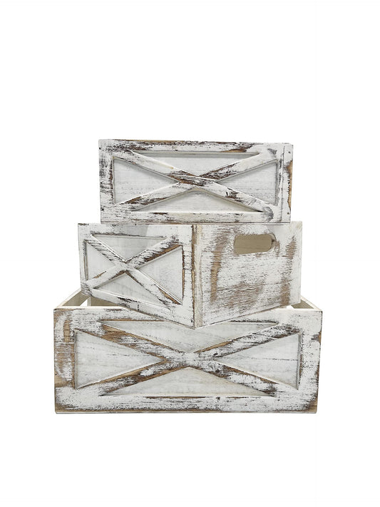 Admired By Nature Wooden Crates Storage Container, 3pc Farmhouse Style Decorative Baskets for Home Decor, Rustic Decor, Nesting Stackable Organizers, Distressed Wood Crates, Achromatic Barn Door White