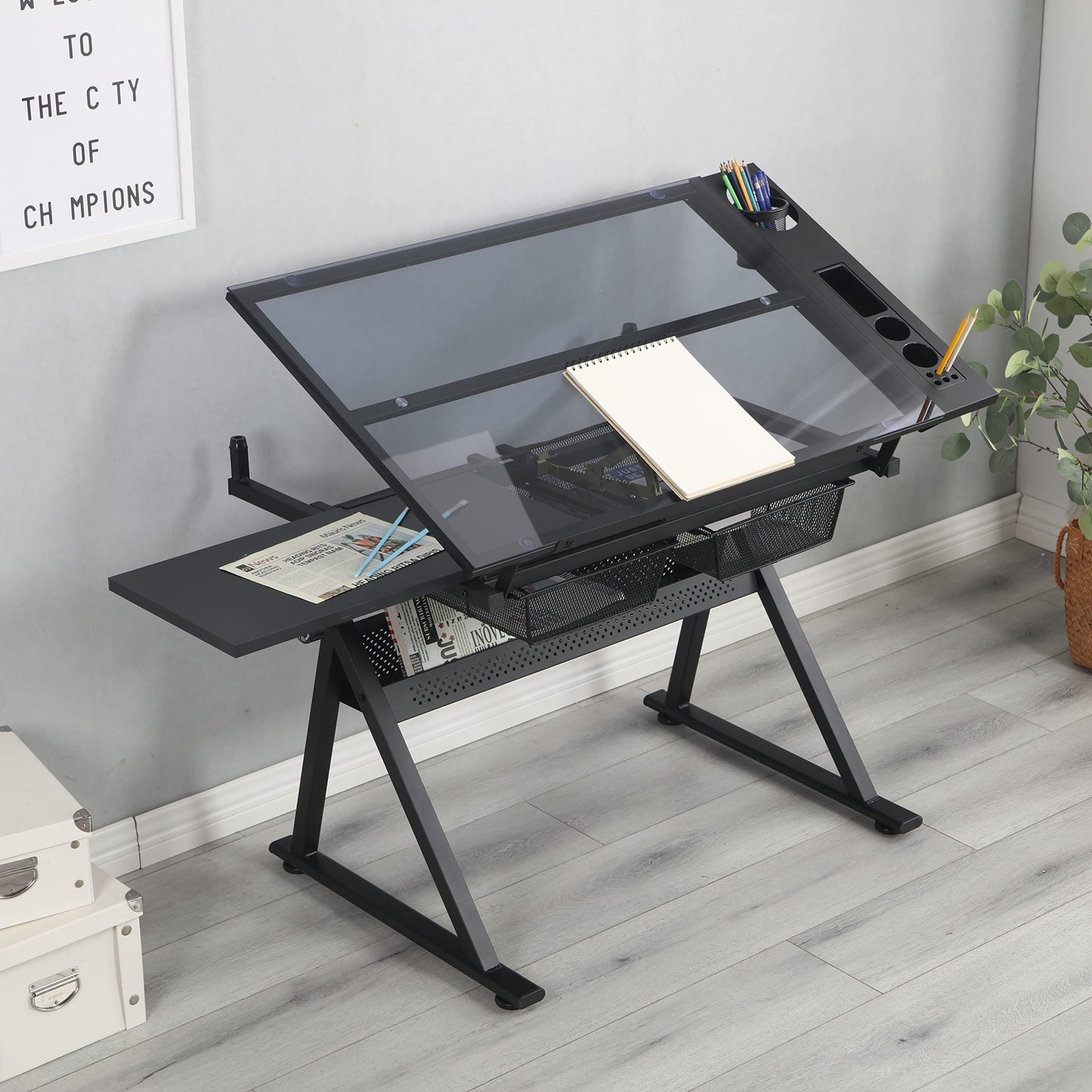 Gecheer Black Adjustable Tempered Glass Drafting Table with Chair, 0-75° Tilt Desktop, 5mm Thick, Two Metal Drawers & Side Storage Strips, Height & Angle Adjustable for Uneven Floors