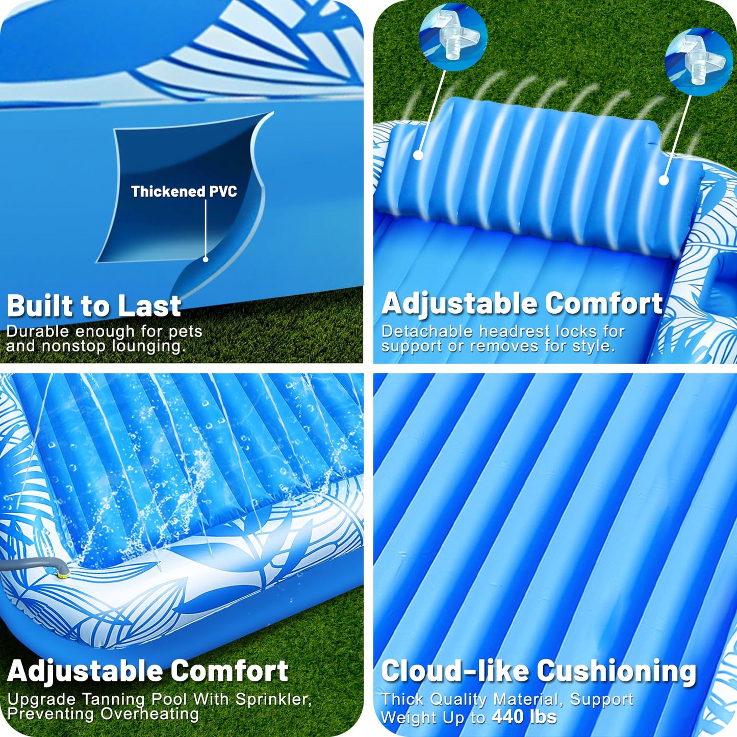 83" X 60" Inflatable Tanning Pool Lounger Float with Sprinkler, Extra Large Pool Float Adults with Pillow, 6 in 1 Suntan Tub Raft Floatie Toys with Drink Holder Sunbathing Water Filled Tanning Bed
