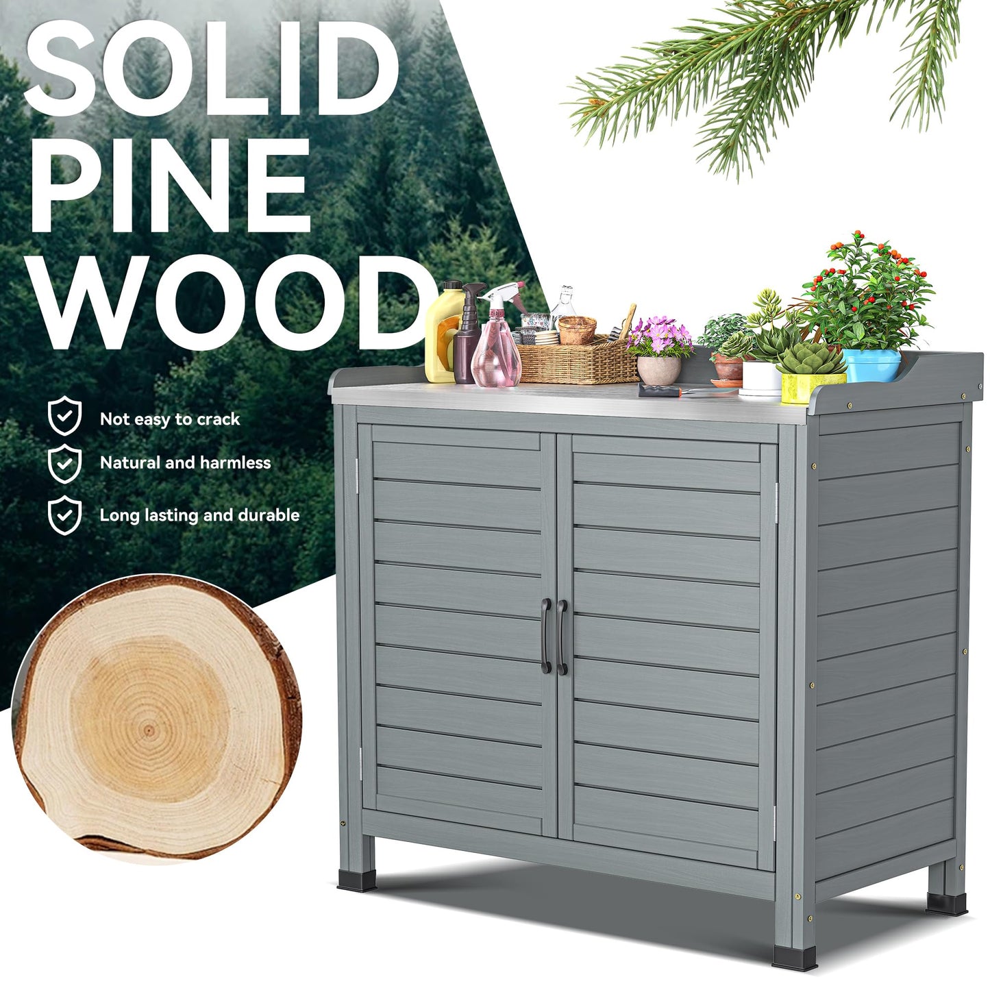 YITAHOME Outdoor Garden Potting Bench with Storage Cabinet, Metal Tabletop & Removable Shelf, Wooden Planting Workstation for Patio, Garden, Yard (Grey)