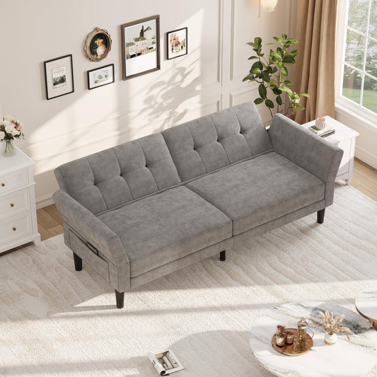 89" Futon Sofa Bed, Modern Sleeper Couch with Adjustable Backrest & Armrest, Convertible Couch Bed with Deep Seat for Living Room Bedroom, Apartments