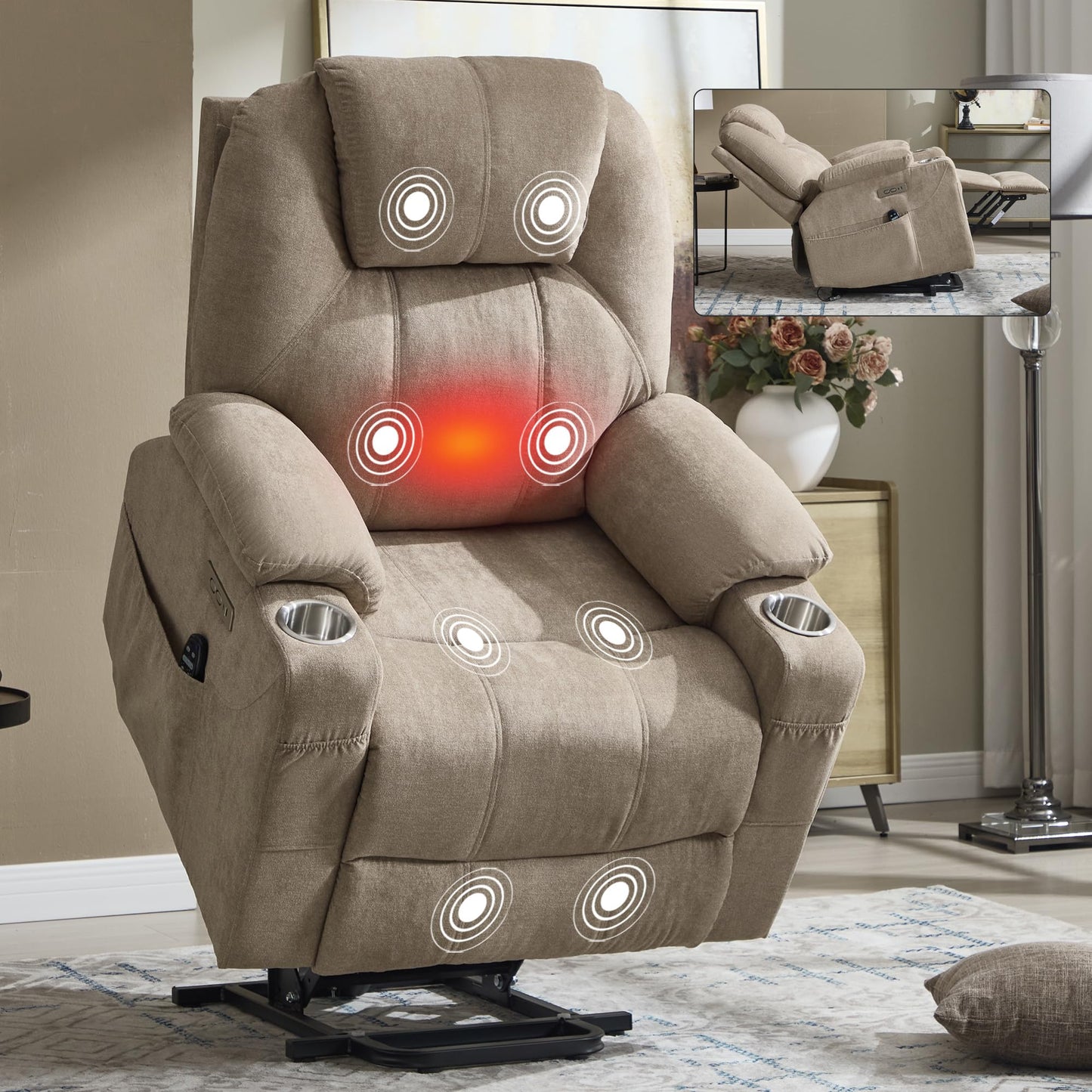 KEIKI Power Lift Recliner Chair with Massage and Heat, Electric Lift Assist, 8 Vibration Modes, Lumbar Heat Therapy, for Senior Living Room, Home Theater, Brown Polyester