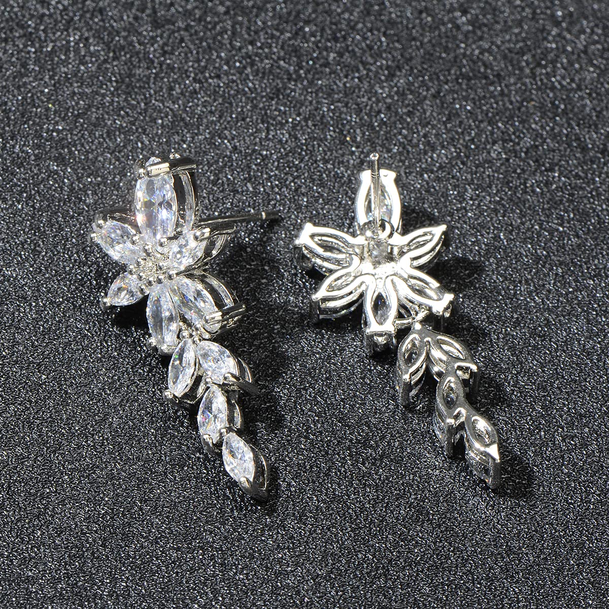 Women's Cubic Zirconia Bridal Earrings - Silver Marquise CZ Cluster Floral Leaf Crystal Rhinestone Dangle Drop Earring for Bride Bridesmaids Mother of Bride Party Prom