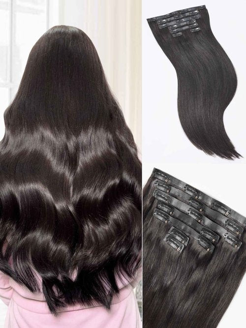 LUVME Straight Seamless 110g 7Pcs Clip in Hair Extensions Full Max with 16inch Remy Human Hair Extensions, Natural Black 100% Real Soft Human Hair