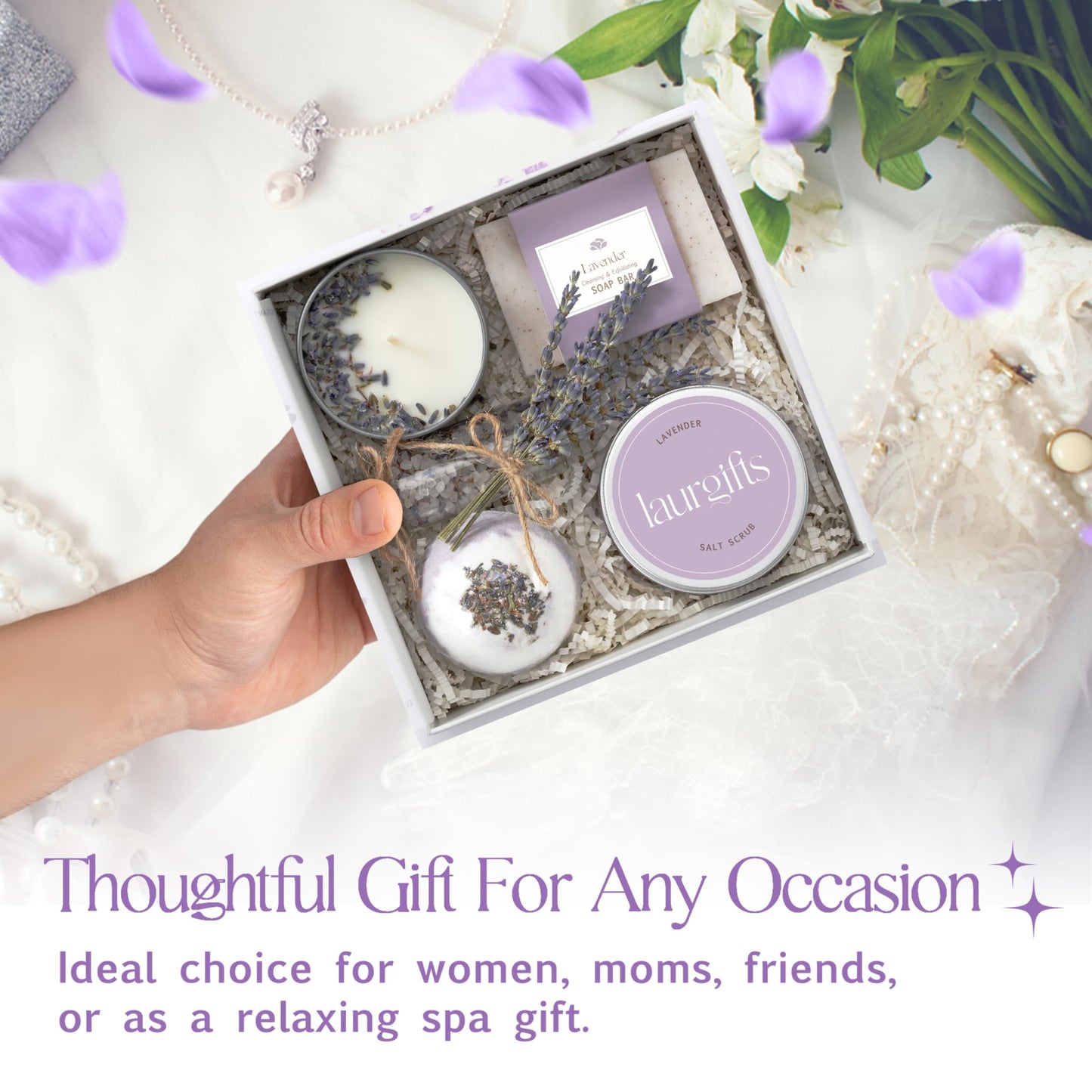 Mothers Day Gifts for Mom – Lavender Spa Gift Box, Small Candle Set with Bath Gifts, Relaxing Self Care Basket, Birthday Gift for Women