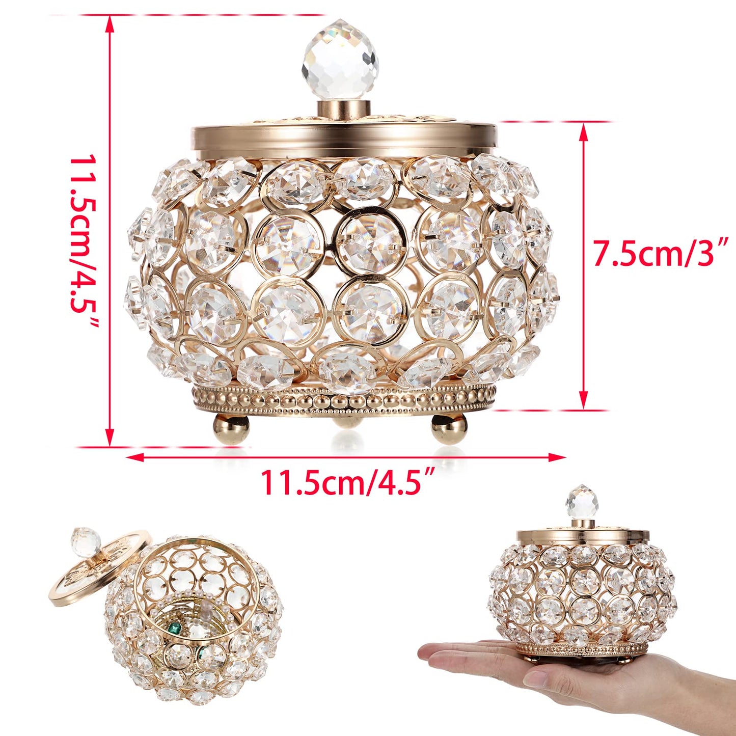 Hipiwe Crystal Jewelry Box with Glass Lid Small Trinket Organizer Mirrored Treasure Box Ring Holder Earrings Necklace Storage Box Keepsake Gift Box for Home Dresser Decor, Gold