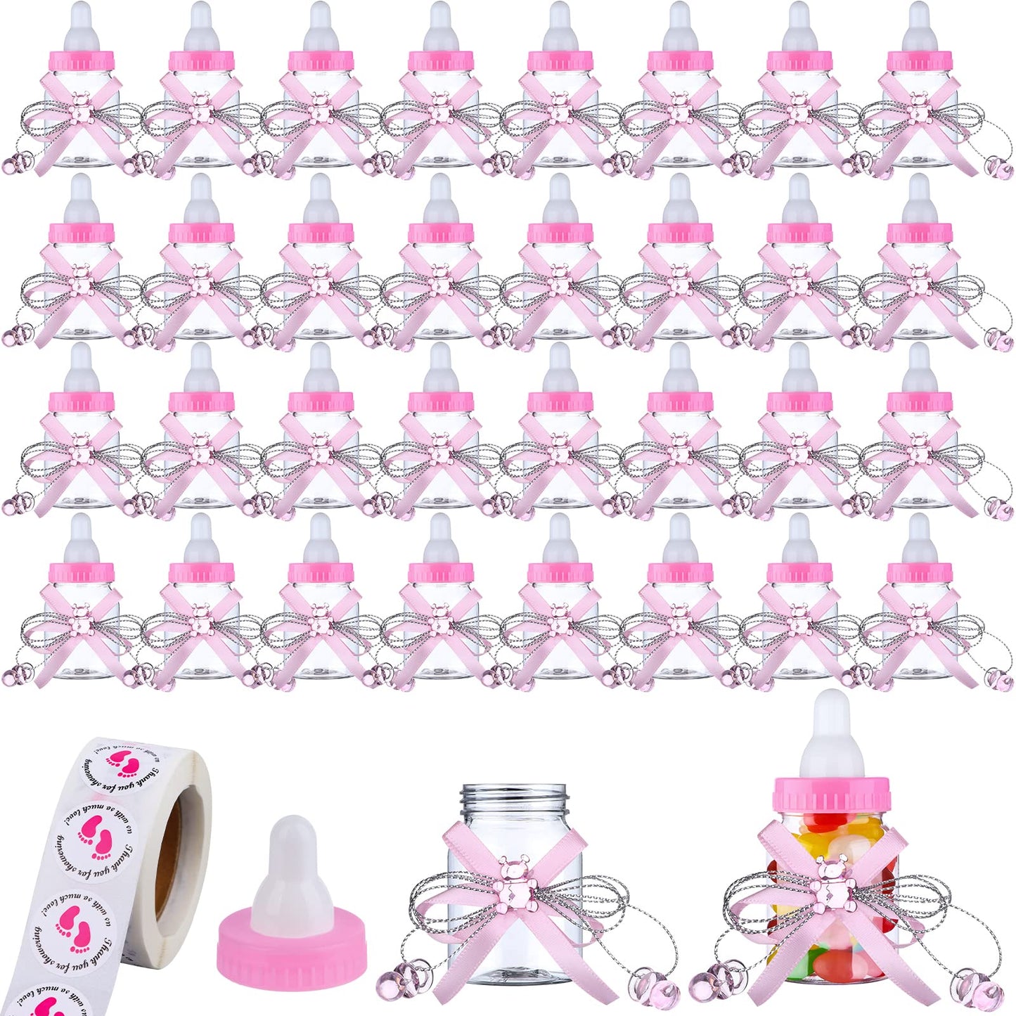 62 Pcs 3.5 Inch Baby Mini Milk Bottle Baby Shower Favor with 500 Adhesive Thank You for Showering Stickers, Small Plastic Bear Candy Bottle for Boy Girl Newborn Baptism Party Decor (Pink)