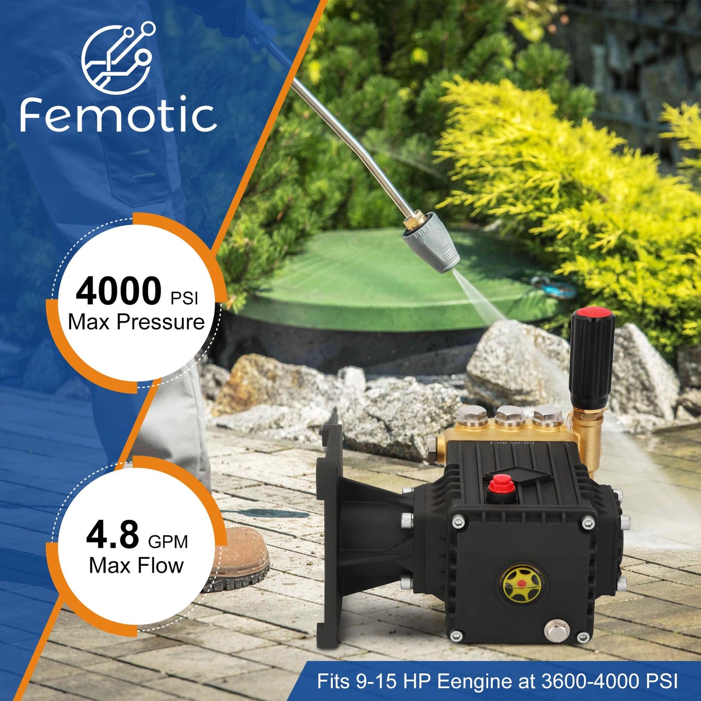 Femotic Pressure Washer Pump 1 Inch Shaft,Pressure Washer Pump 4400 psi,Power Washer Pump 4.8gpm 8-15 HP 22 Pounds Including Lubricant,Compatible with Simpson Honda Dewalt Troybilt